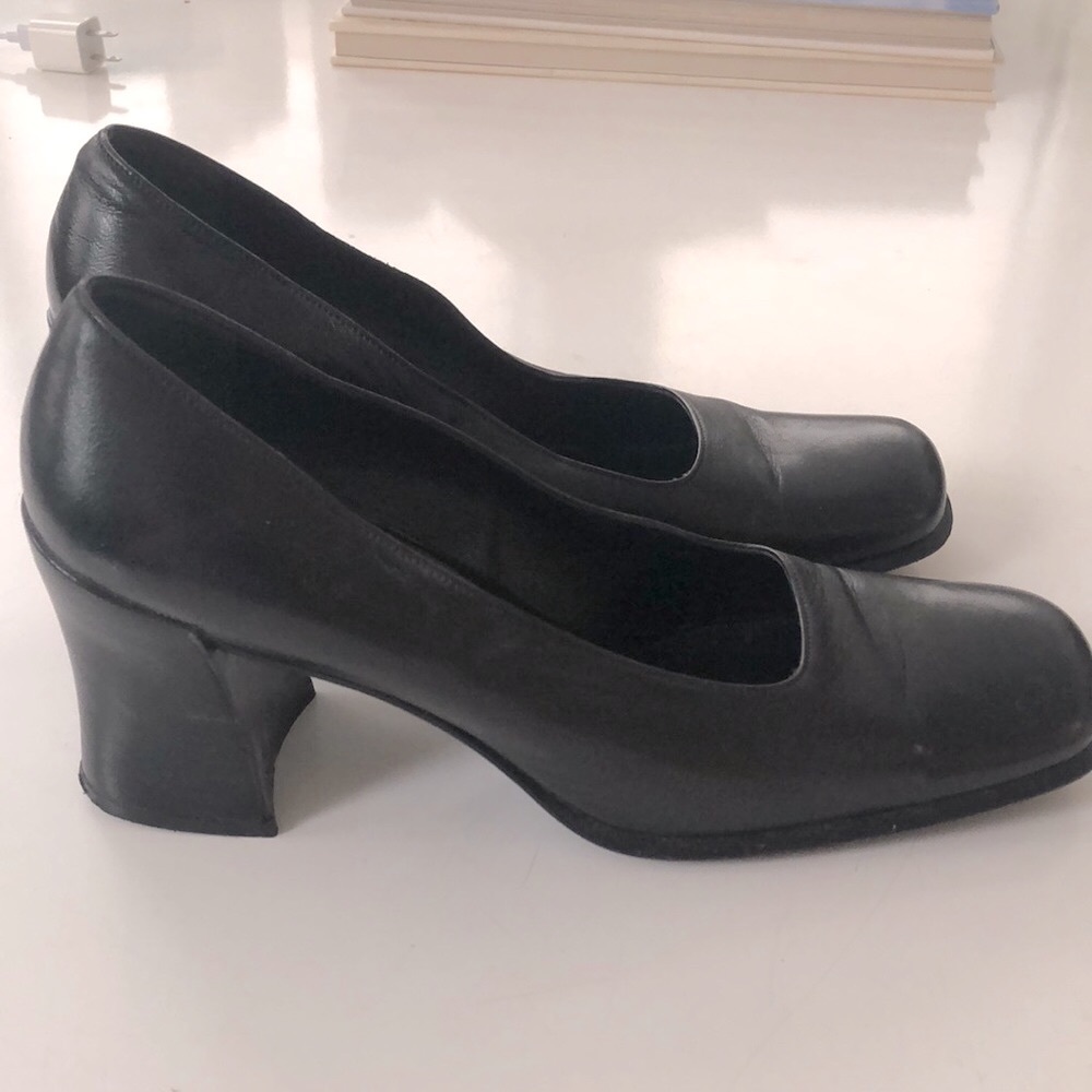 Prada- black block heel leather square toe pump size 39 1/2.